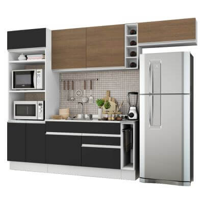 Miniatura Cozinha Completa Madesa Safira com Armário e Balcão (Sem Tampo e Pia) Branco/Preto/Rustic Cor:Branco/Preto/Rustic