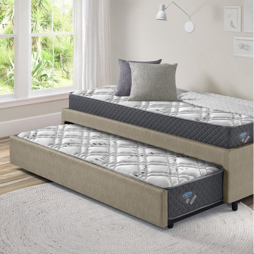 Miniatura Bicama Box Solteirão 96x203 Cm Courino com Dois Colchões Adapto Molas Ensacadas Ecoflex Bege/Cinza