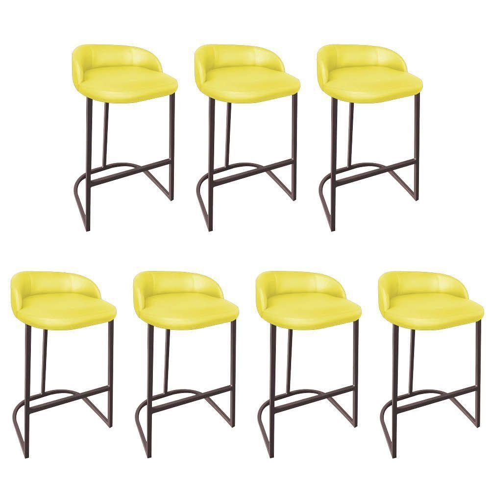 Miniatura Kit 07 Banqueta Betyna Com Encosto Alta Cozinha Bar Balcão Ferro Marrom Corino Amarelo - Amey Decor