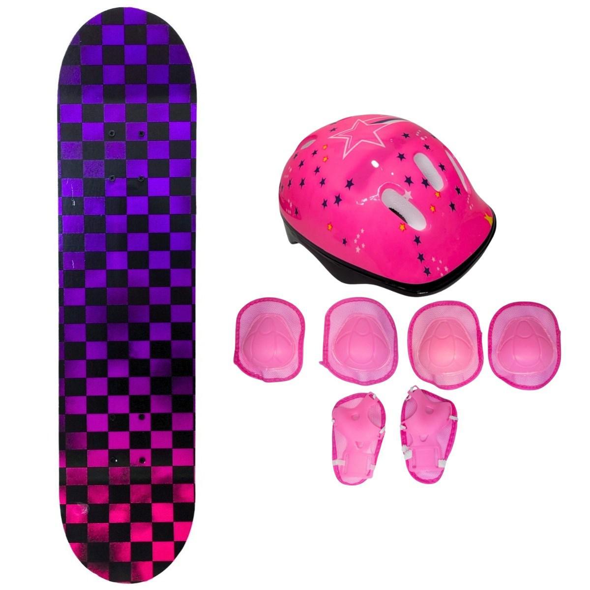 Miniatura Skate Infantil 50 Kg Xadrez + Kit Proteção Estrela Rosa