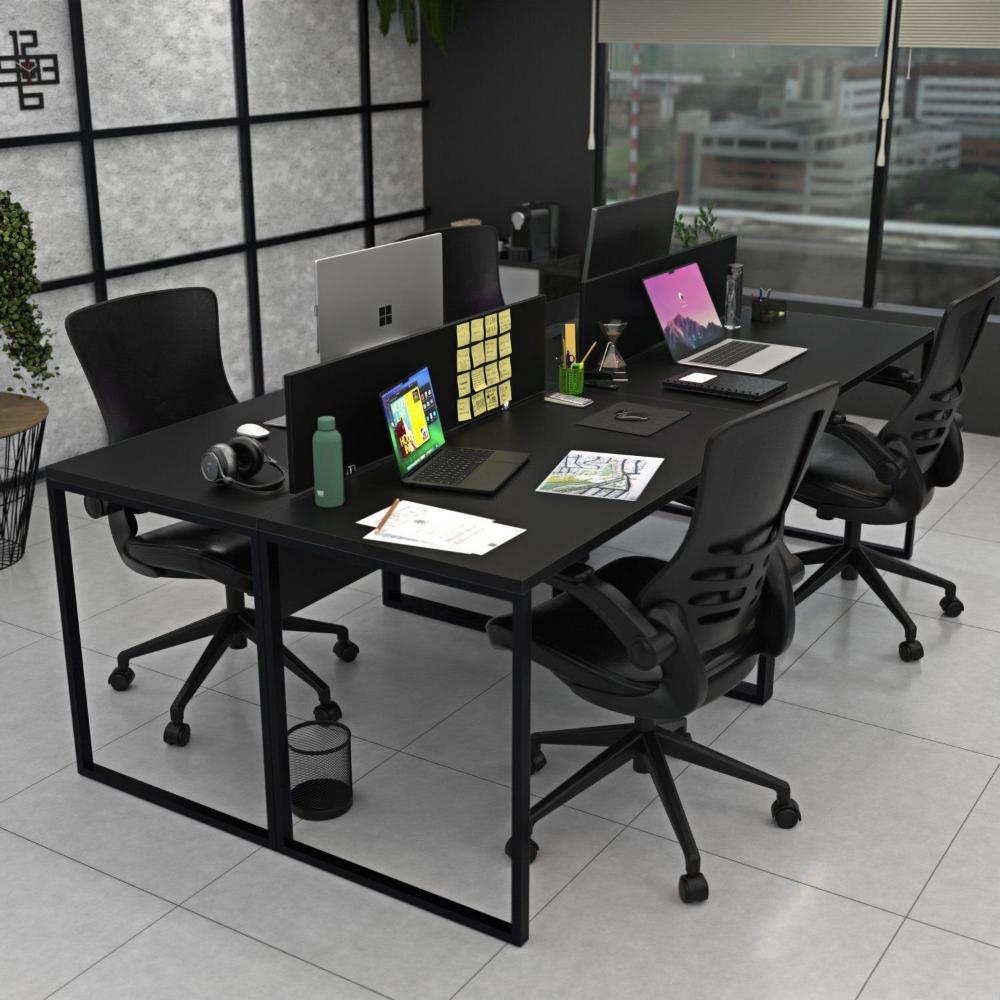Miniatura Estação de Trabalho Mesa Plataforma Industrial 4 Lugares Office Preto