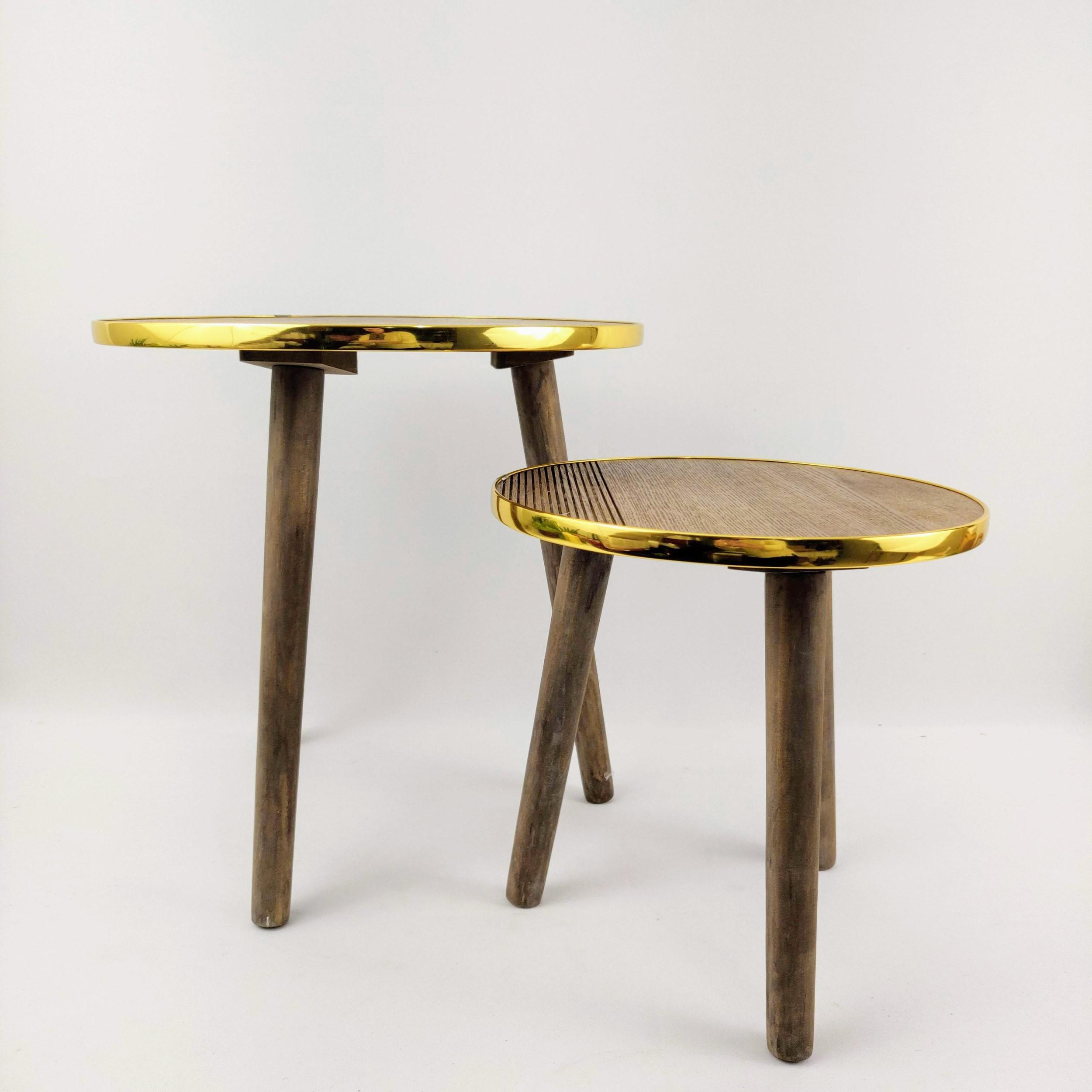 Miniatura Mesa Lateral Centro Metal Madeira Dourado 40/30Cm 2 Peças