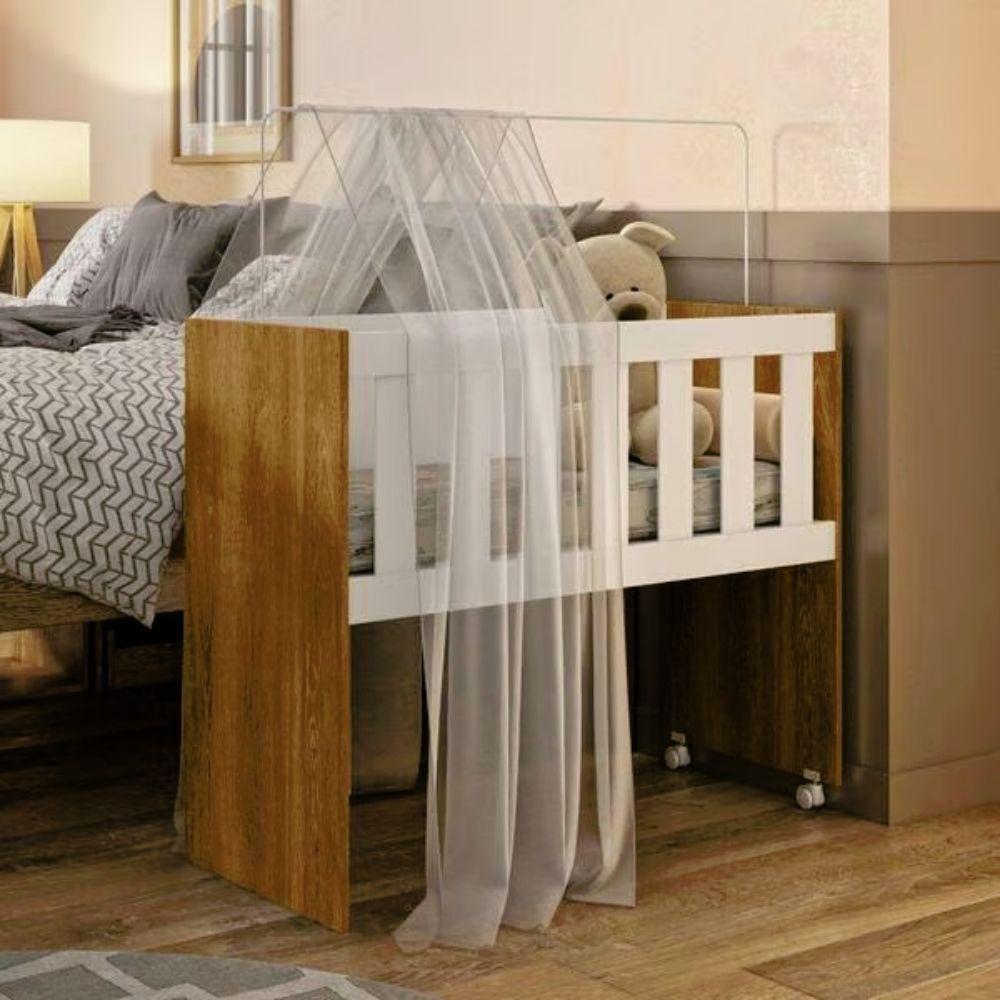 Mini Berço Multifuncional Com Colchão 100% Mdf 5 Em 1 Rubi Tigus Baby Branco/Amadeirado