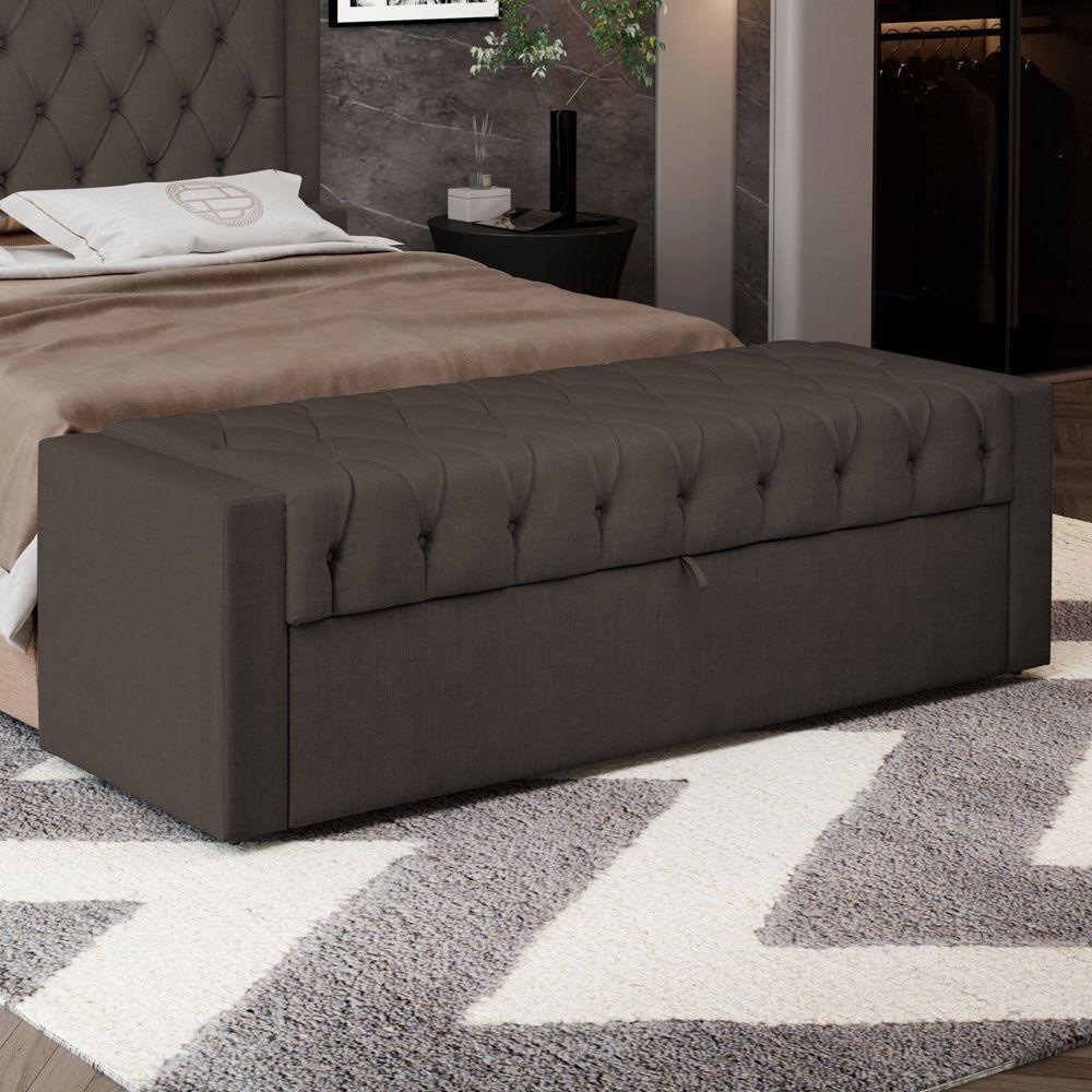 Calçadeira Báu King Size Atena 195cm Capitonê Linho Cacau - Desk Design
