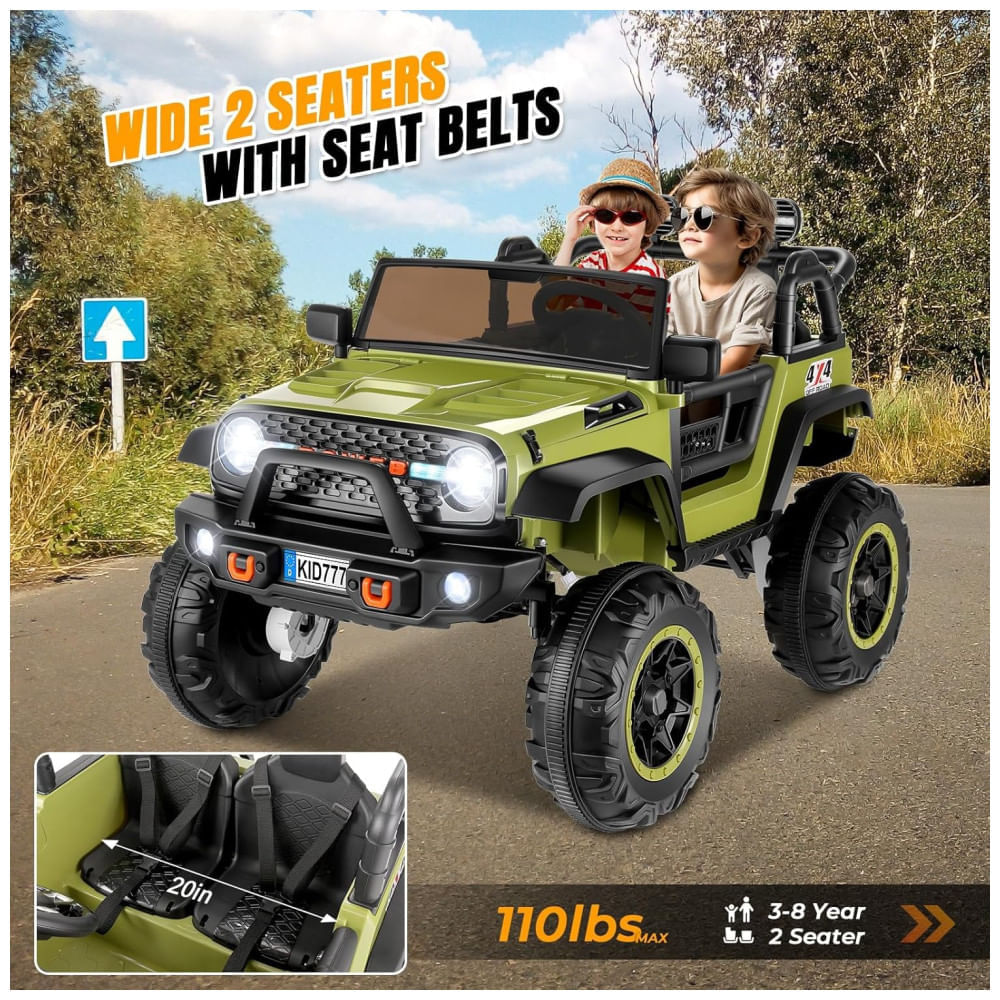 Carro Elétrico Infantil, Jeep 4x4 com Controle Remoto, 2 Lugares, Música via Bluetooth e Luzes LED, 24V, Hikole, Verde 110v