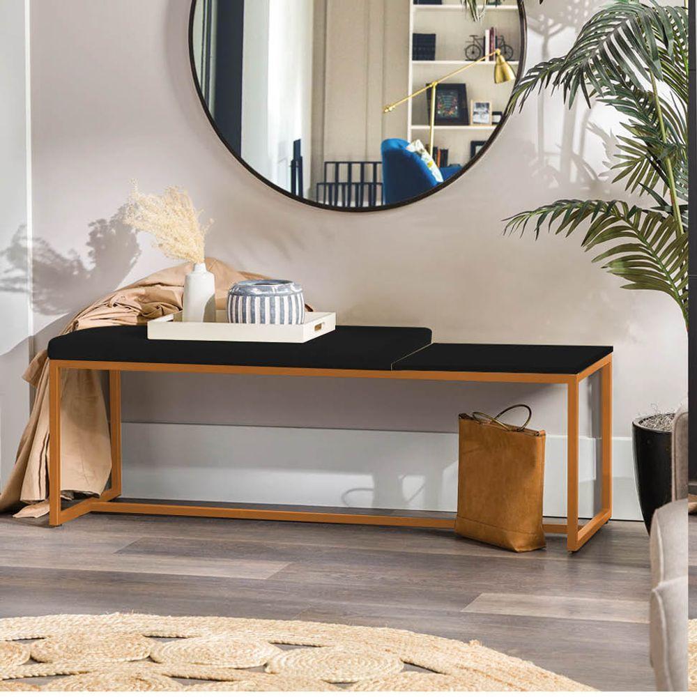 Miniatura Banco Recamier Puff 160cm Industrial Bronze Corino Preto Tampo Quadrado Mdf Preto