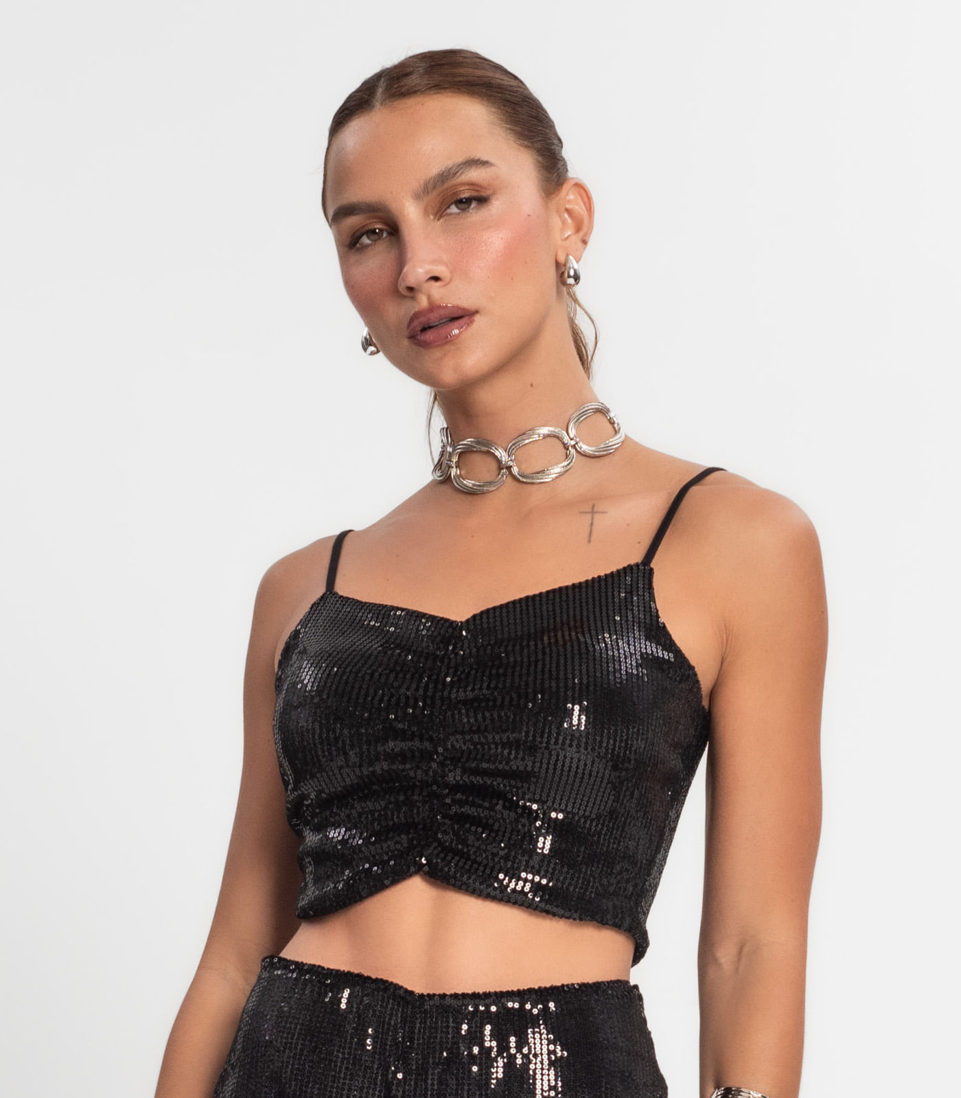 Miniatura Top Cropped Em Paetê Endless Preto G