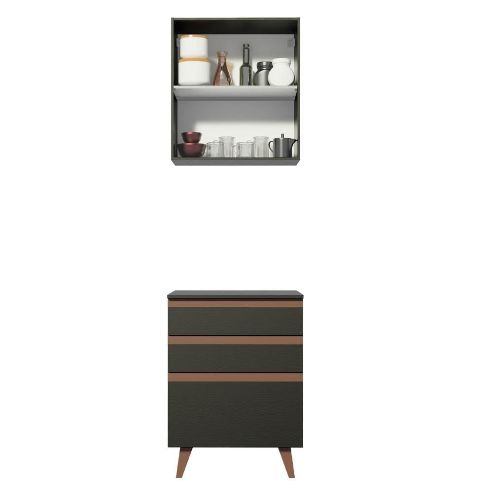 Miniatura Kit Armário de Cozinha Aéreo e Balcão com 3 Gavetas 60 cm Preto Reims Madesa Preto