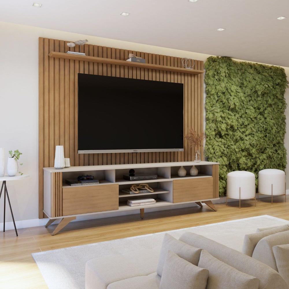 Rack Bancada Mariana Pés Madeira Maciça com Painel Vitória para TV até 65 Polegadas Off White/Cinamomo