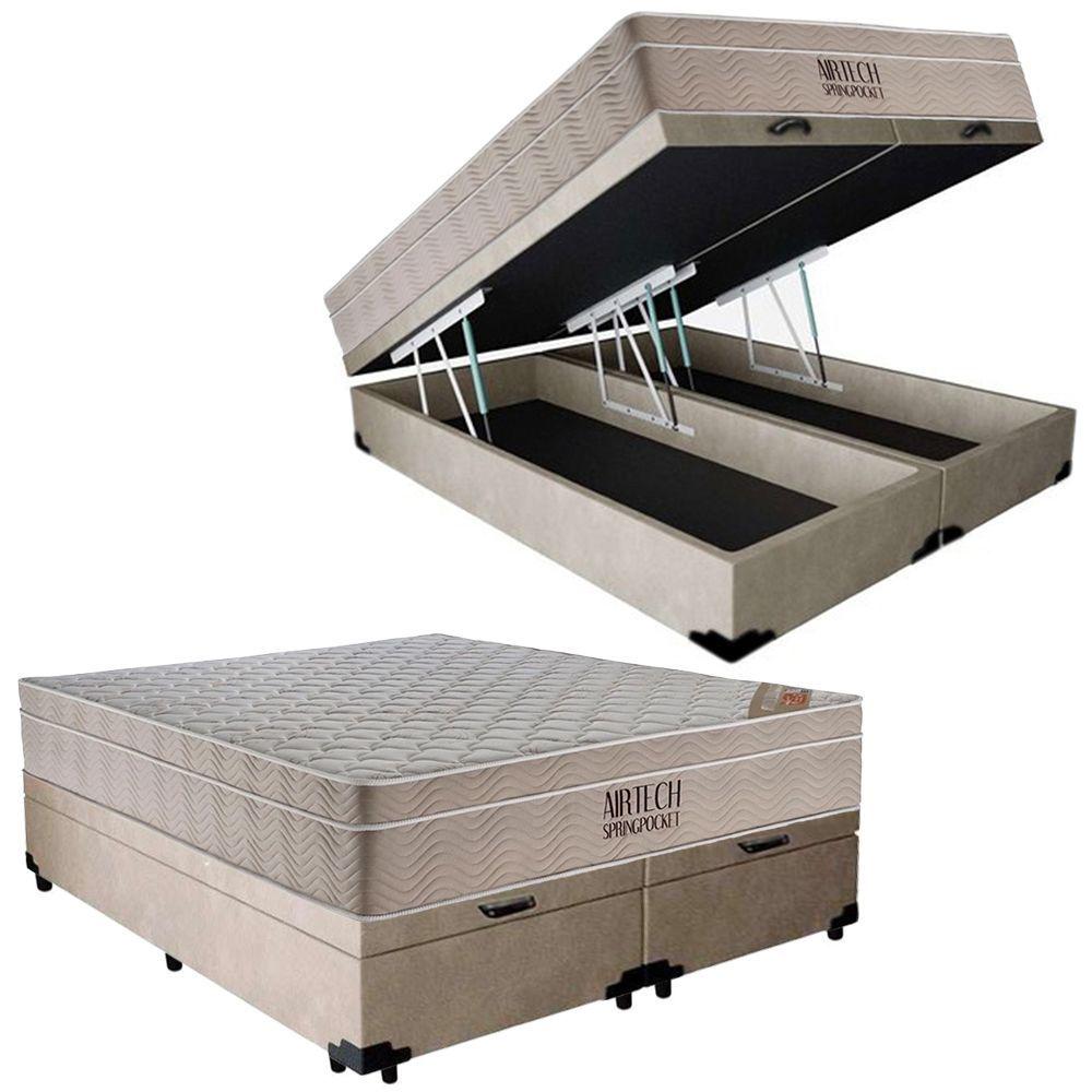 Miniatura Cama Box Baú Casal Suede Bipartido + Colchão Ortobom Airtech Molas Ensacadas 138x188x65 Bege