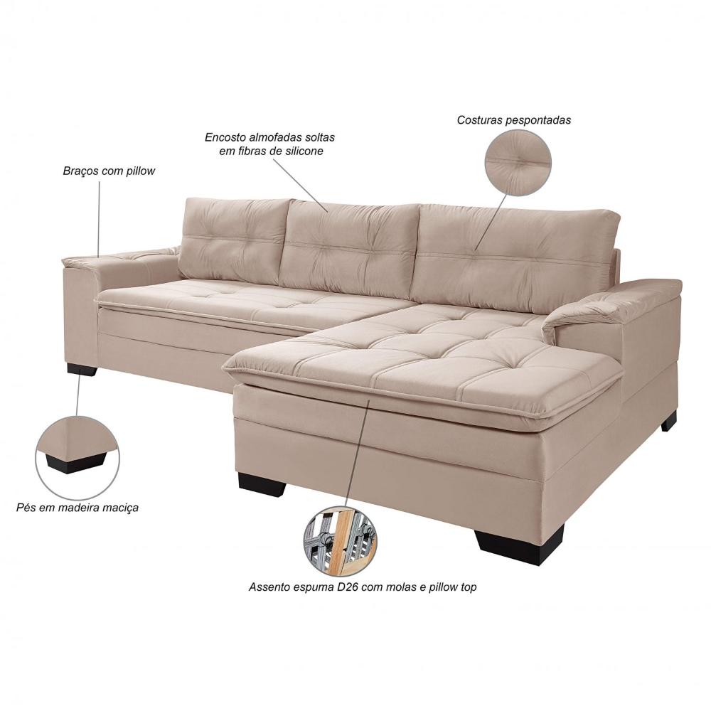 Miniatura Sofá 3 Lugares com Chaise Suede Aveludado Império Estofados Areia