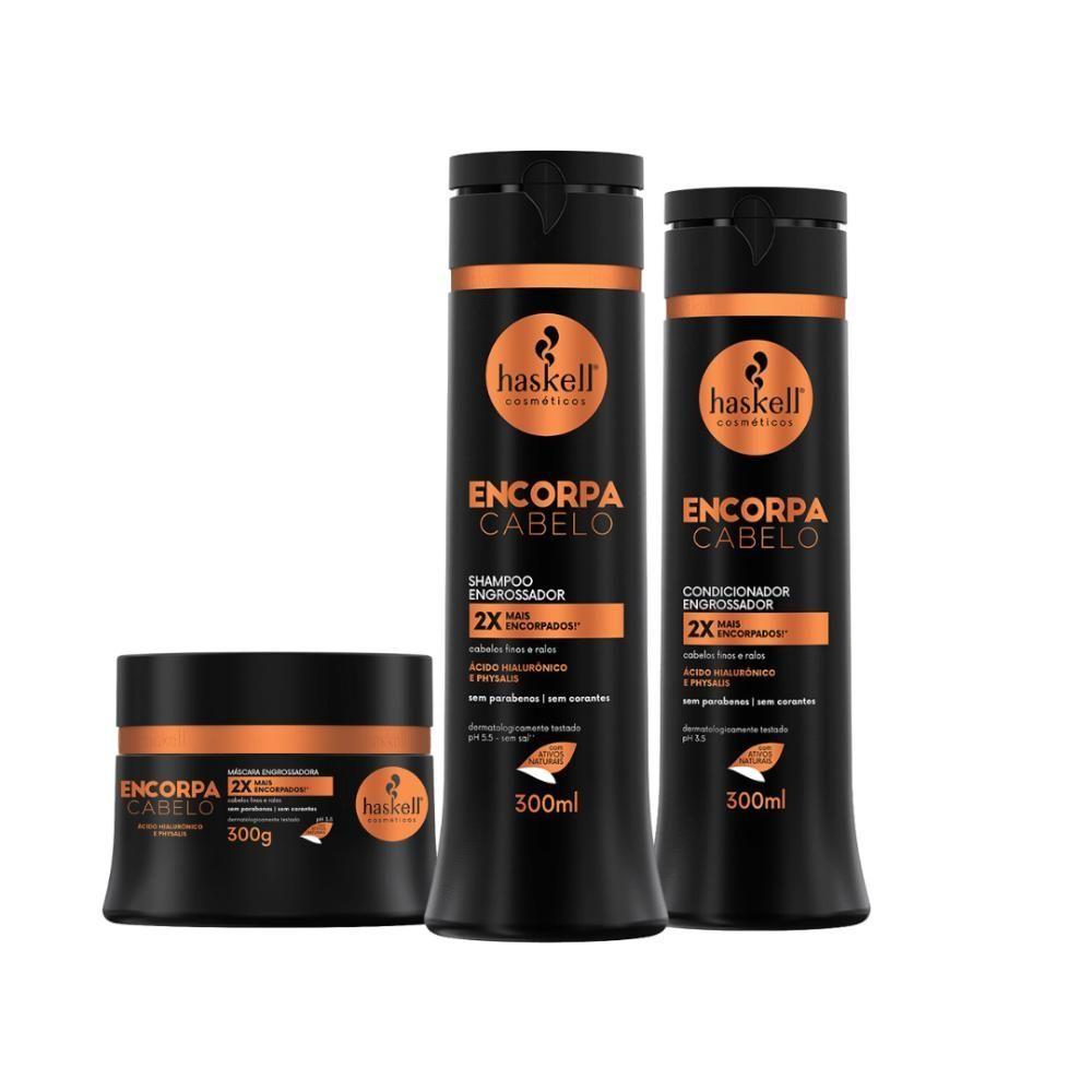 Miniatura Kit Shampoo Condicionador E Máscara Engrossador Encorpa Cabelo Haskell 300ml