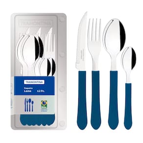Miniatura Conjunto de Panelas 7 Peças Tramontina Bergamo Antiaderente e Tampas de Vidro - Azul + Faqueiro 12 Peças Leme com Lâminas em Aço Inox - Azul