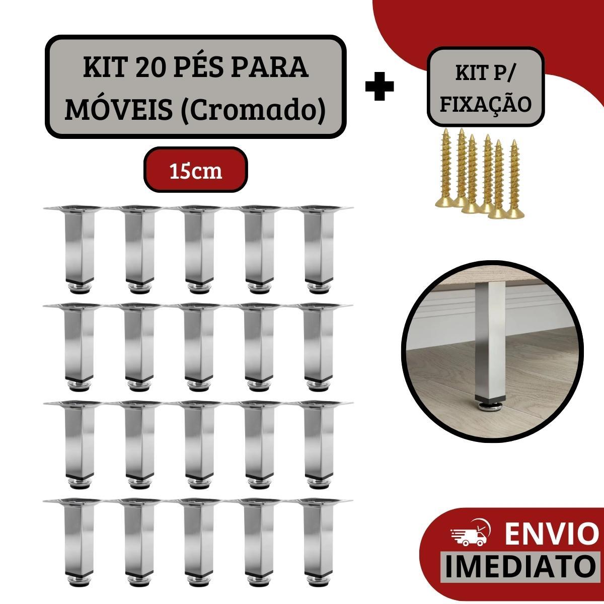Miniatura Kit 20 Pés Para Móveis Regulável Quadrado Cromado 15Cm