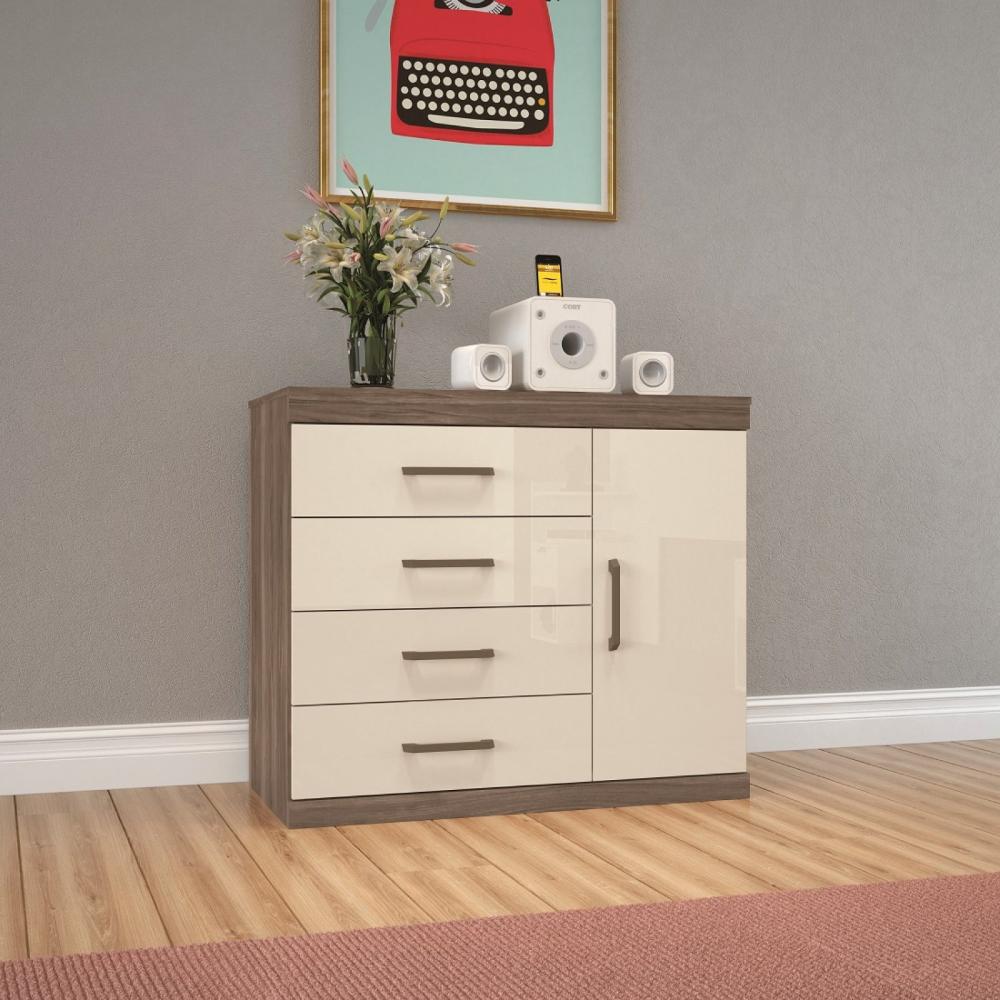 Miniatura Cômoda 4 Gavetas 1 Porta Plus 1.4 Santos Andirá Castanha/Off White