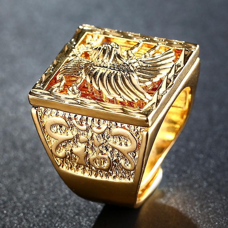 Anel Grande Masculino Águia Banhado A Ouro Ajustável