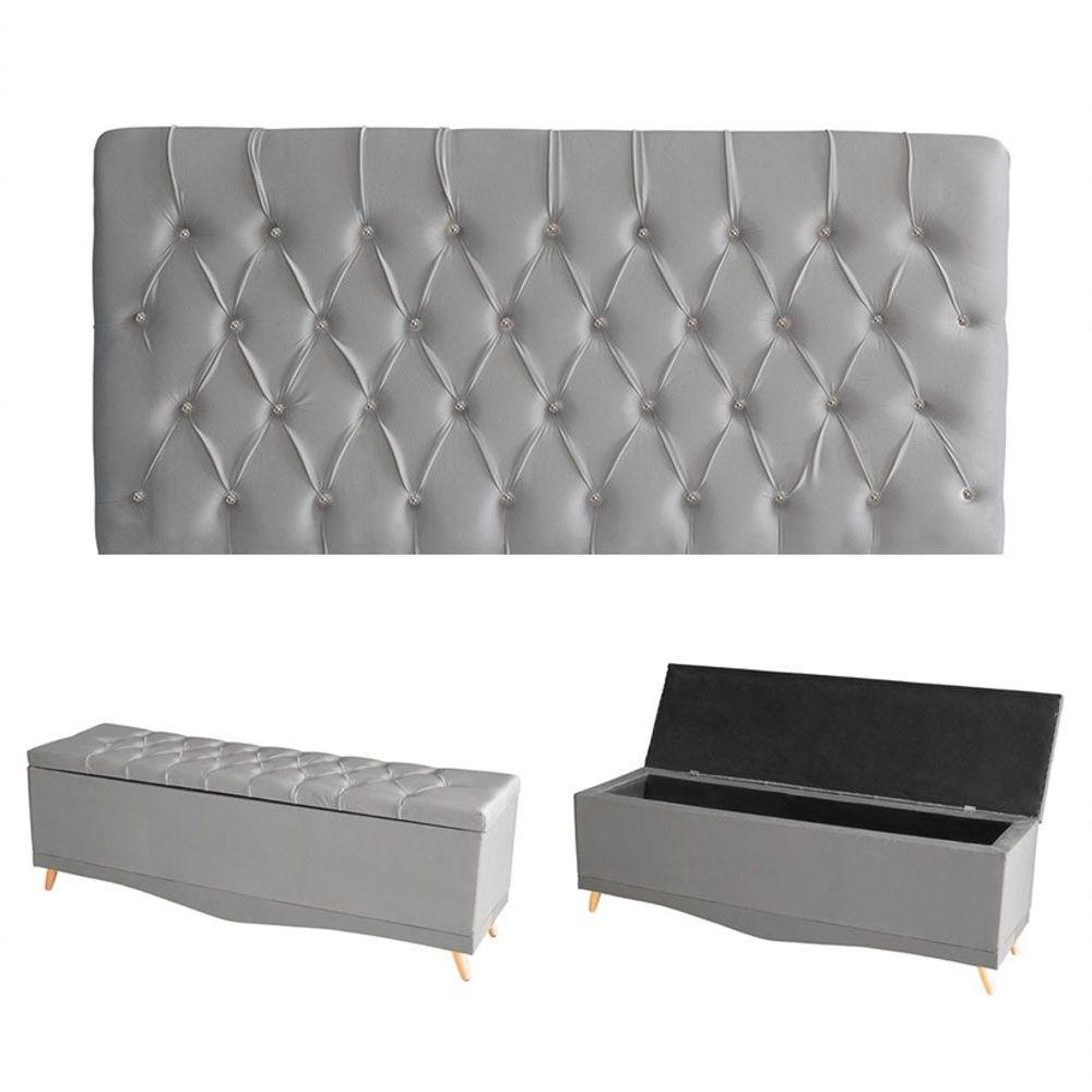 Miniatura Kit Estrela Cabeceira De Cama Painel E Calçadeira Baú Botão Cristal Queen 160 Cm Suede Prata Eli Móveis E Decoração