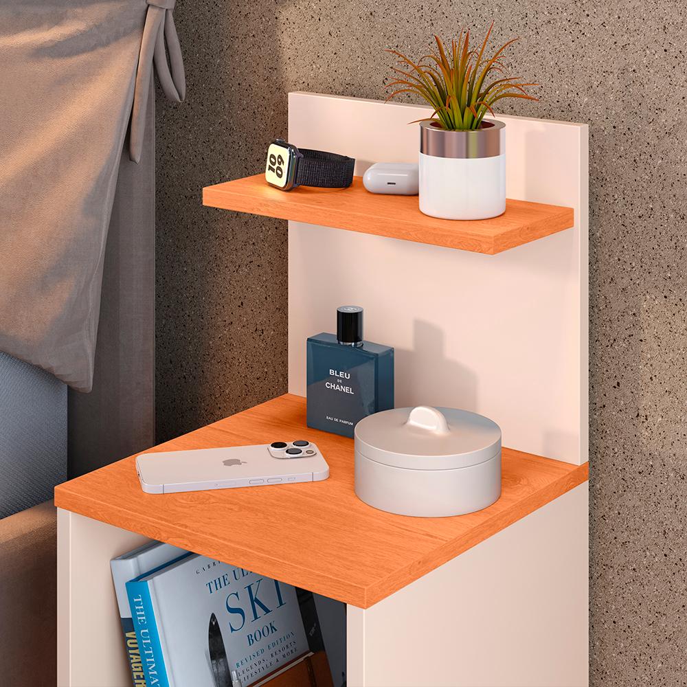 Miniatura Kit Quarto 2 Mesinhas Lateral Fantasy Off White/Cinamomo Prateleira Nicho Cabeceira Luana Suspensa Cama Box Casal 1,40 Areia Suede - Lojas RPM