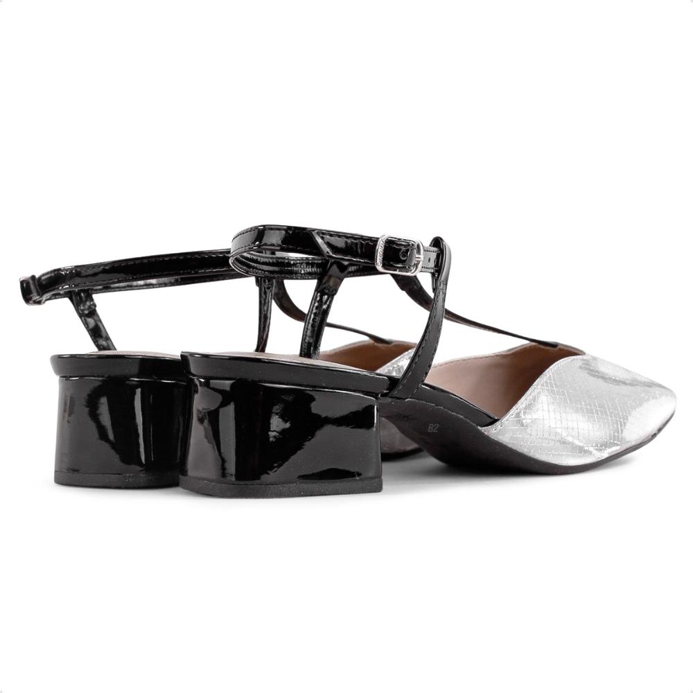 Miniatura Scarpin Via Uno Salto Bloco Baixo Verniz Feminino Prata / Preto - 34