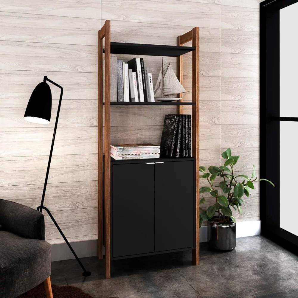 Miniatura Estante Livreiro Multiuso 2 Portas Az1009 Preto-nogal - Tecno Mobili