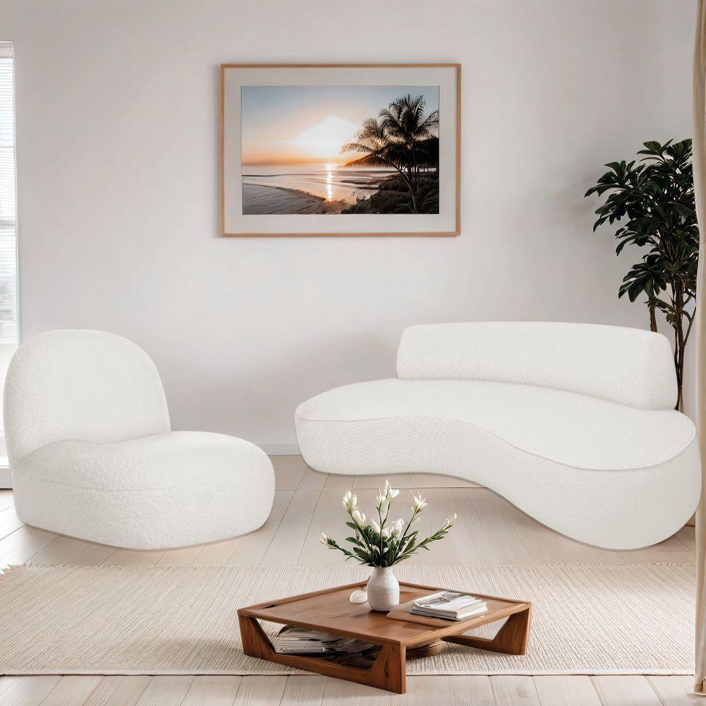 Sofá Curvo 200cm 3 Lugares E 1 Poltrona Orgânica Amsterdã Bouclé - Amarena Móveis Cor Branco