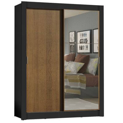 Miniatura Guarda-Roupa Solteiro Madesa Denver 2 Portas de Correr com Espelho Preto/Rustic Cor:Preto/Rustic