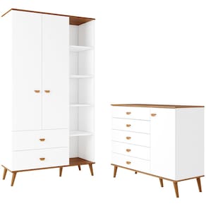 Miniatura Guarda-Roupa Bartira Ternura com 5 Nichos, 2 Portas, 2 Gavetas + Cômoda Bartira Ternura com 5 Gavetas e 1 Porta Branco Wood