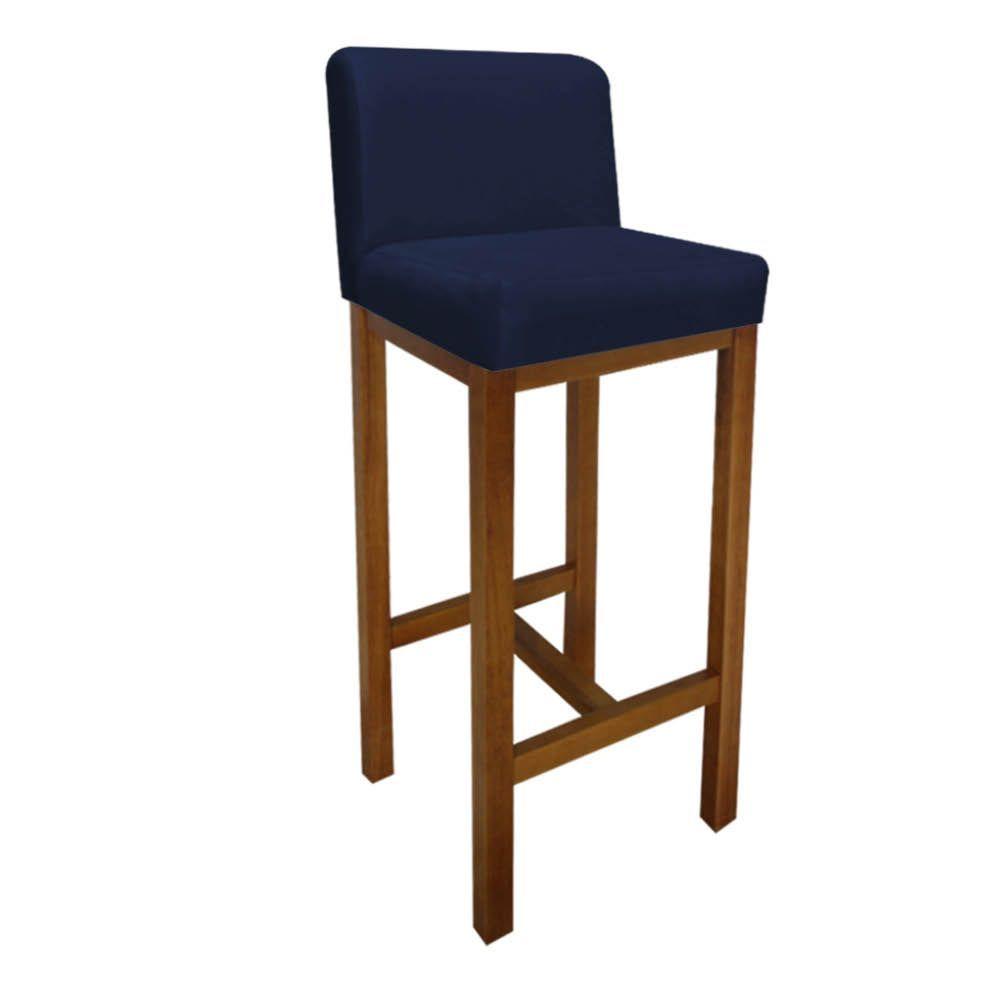 Miniatura Banqueta Alta Com Encosto Aila Cozinha Balcão Bistrô Base Madeira Castanho Suede Azul Marinho