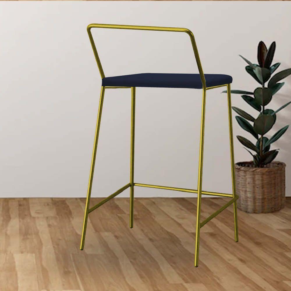 Miniatura Banqueta Alta Com Encosto Mili Industrial Cozinha Bistrô Ferro Dourado Suede Azul Marinho