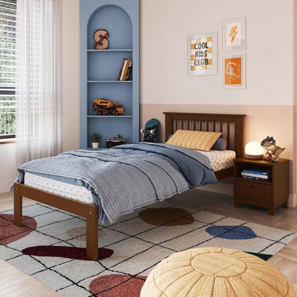 Miniatura Conjunto de Quarto Solteiro Júlia de Madeira Maciça com Cama de Solteiro e Mesa de Cabeceira Walnut