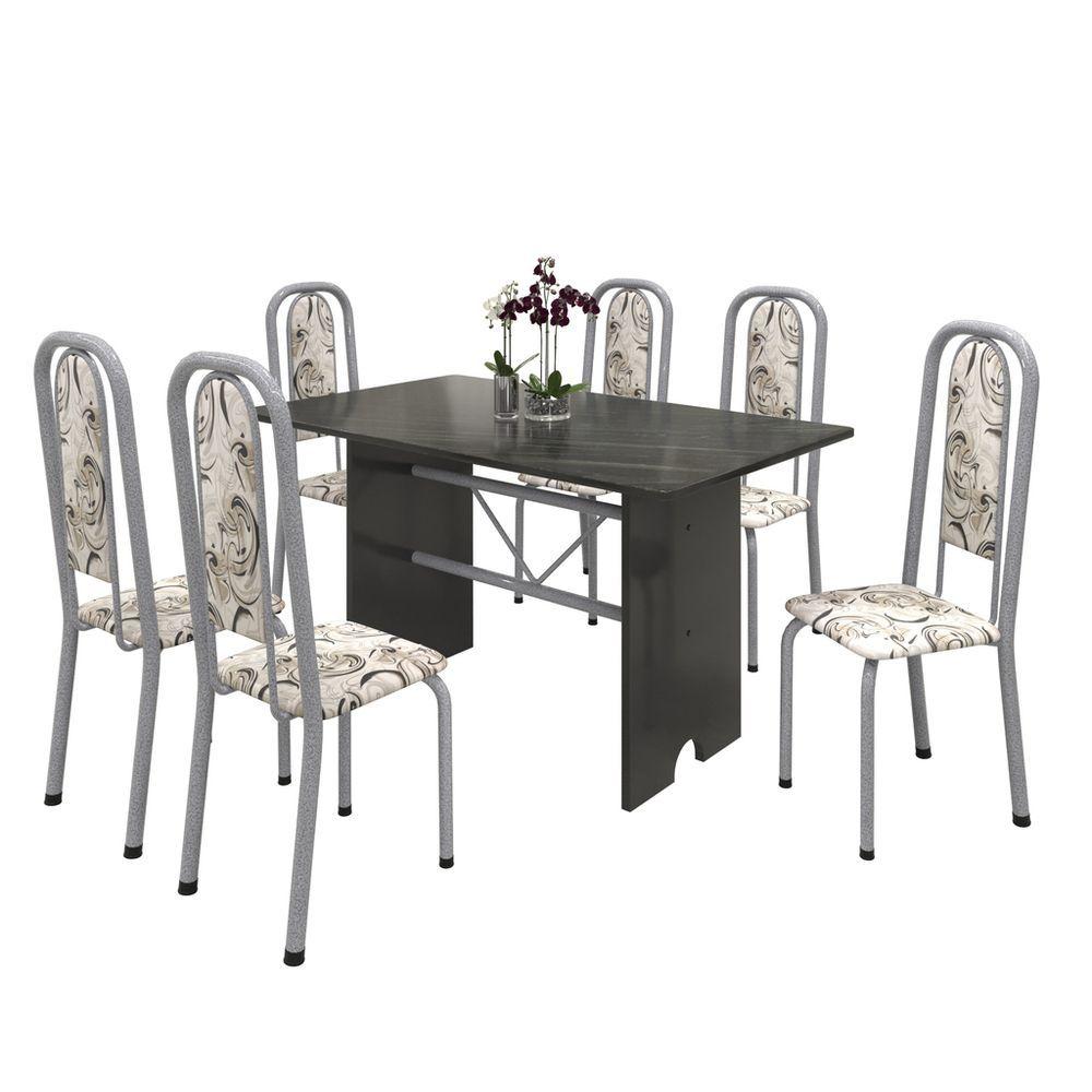 Miniatura Conjunto De Mesa Tubular 6 Cadeiras 140x75cm Mart Perola Com Tampo De Ardósia Lavínea Arabesco