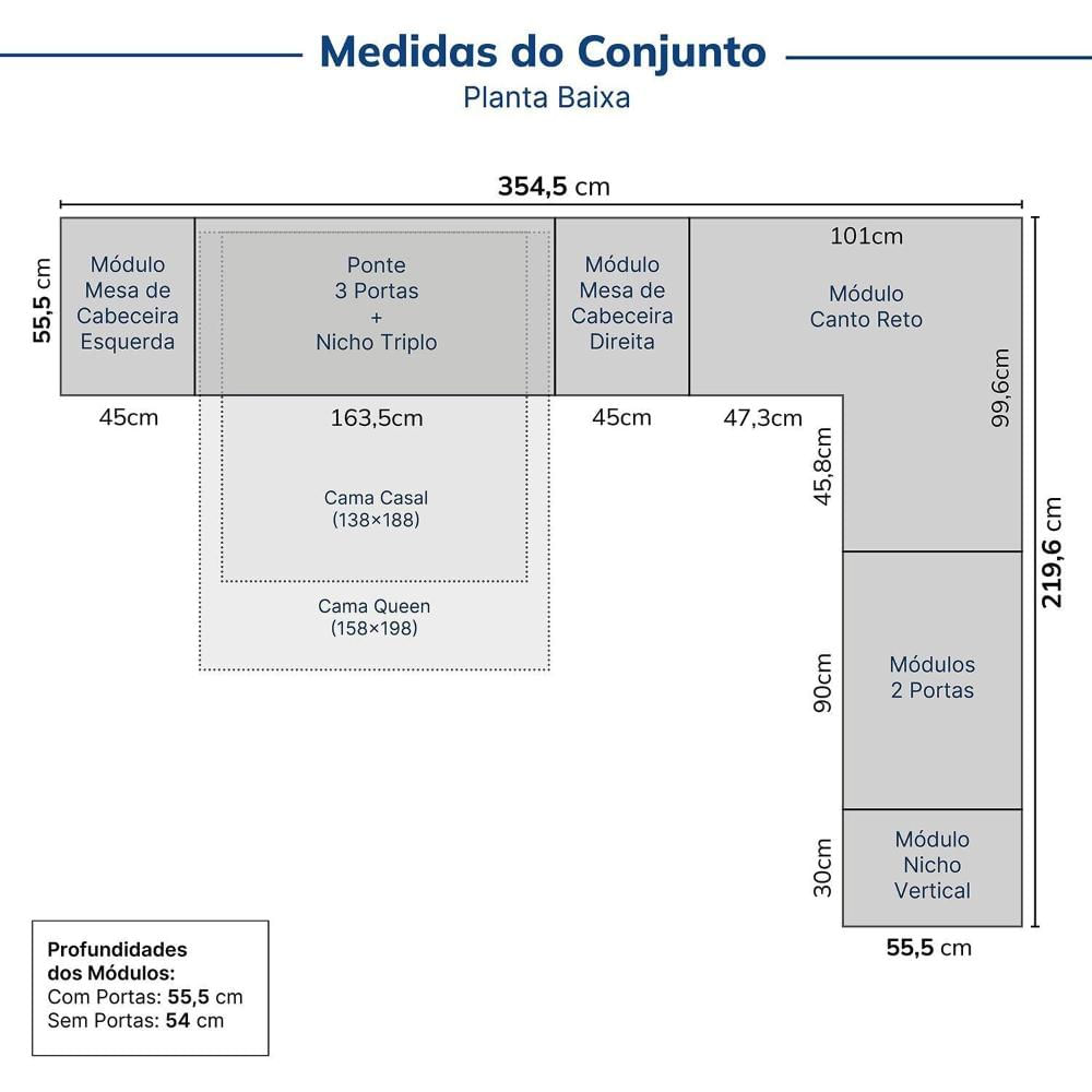 Guarda-roupa Modulado de Canto 11 Portas 7 Peças Hera Cabecasa Madeiramadeira Branco Geada/Preto