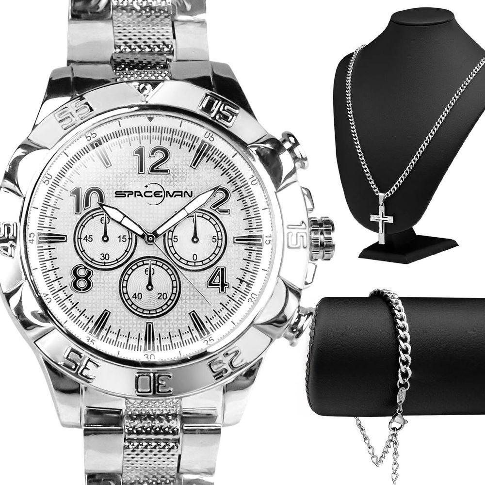 Miniatura Kit Relógio e Acessórios Orizom Spaceman em Aço Inoxidável Prata com Cordão e Pulseira Masculino