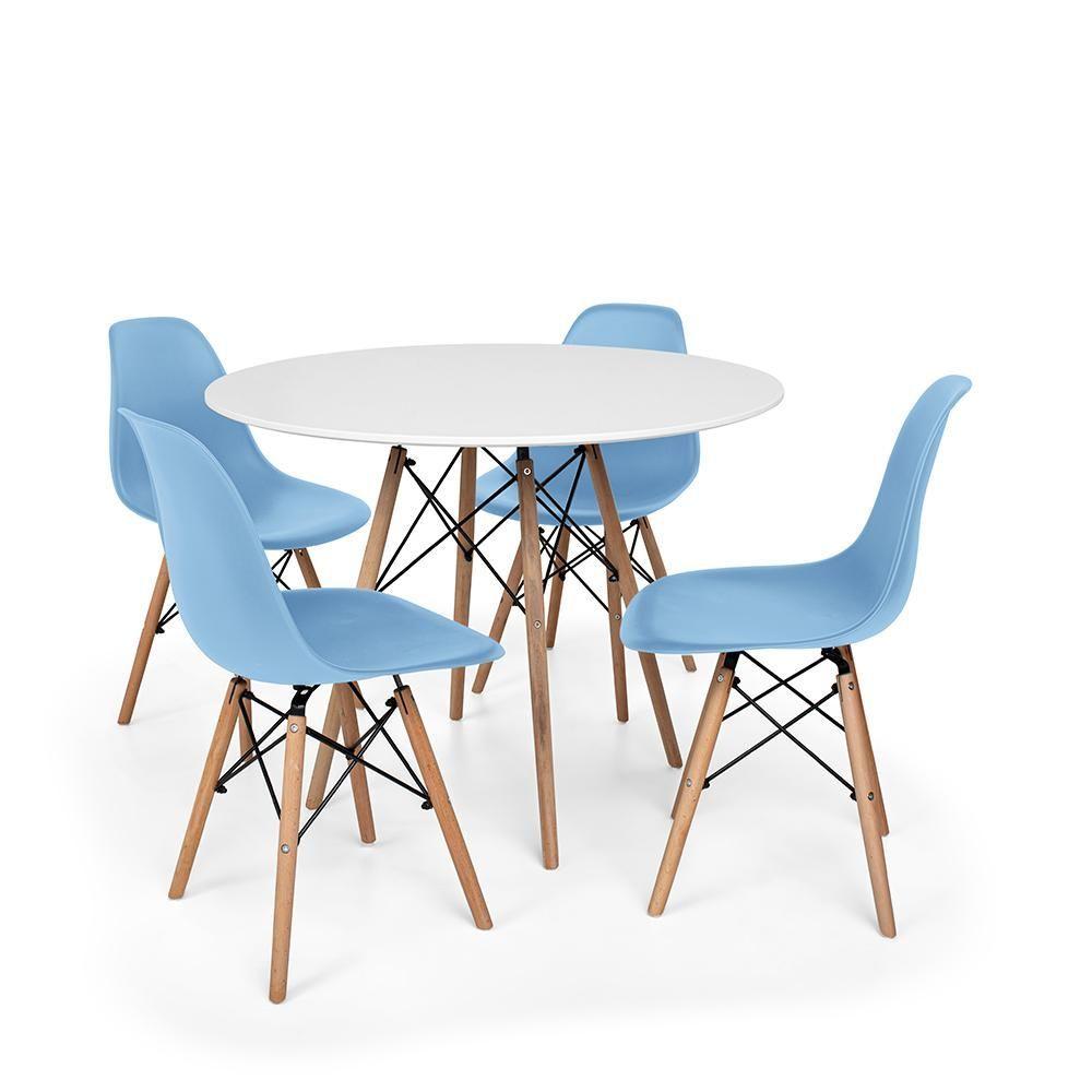Miniatura Conjunto Mesa De Jantar Redonda Solo Branca 90cm Com 4 Cadeiras Solo - Azul Claro