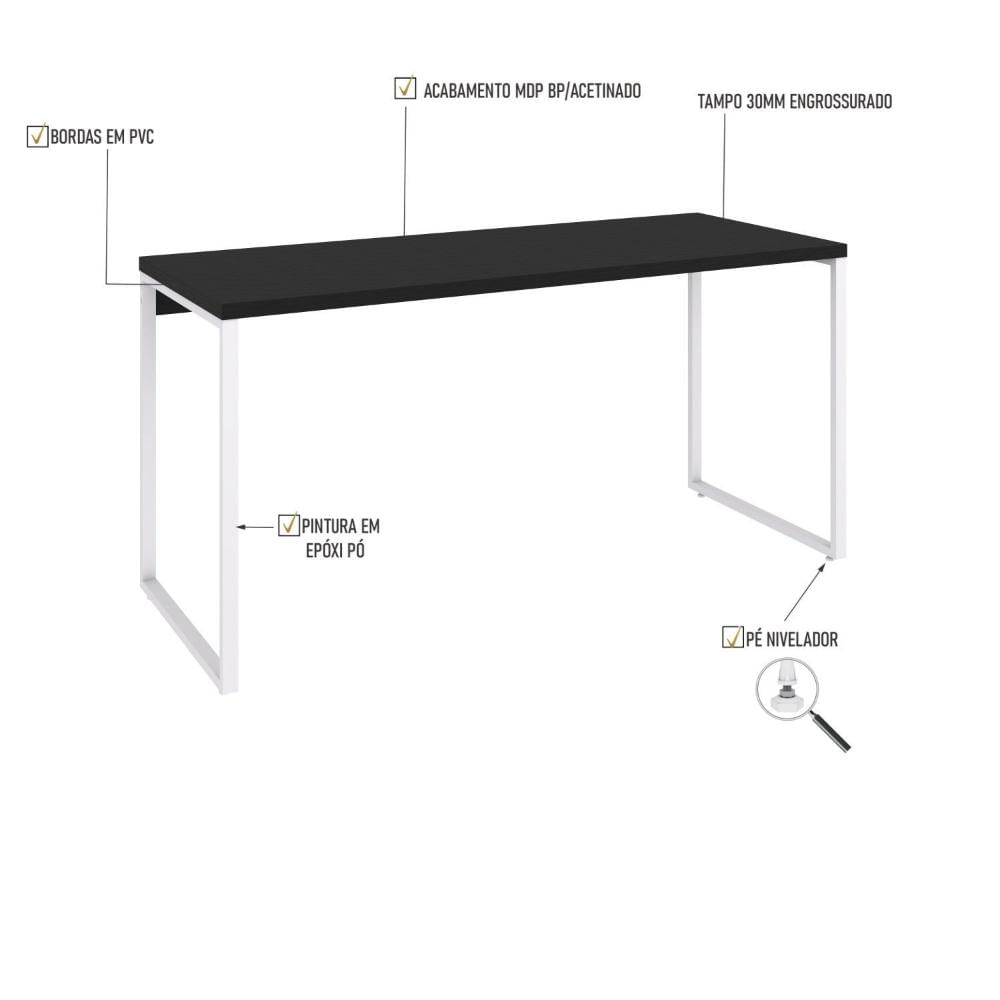 Miniatura Mesa para Escritório Diretor Estilo Industrial 150cm Kuadra Preto Ônix/Est.Branca