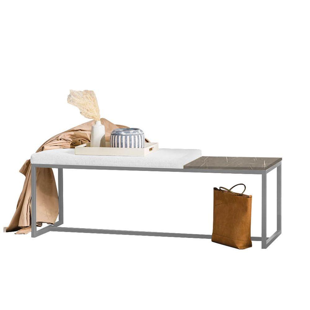 Miniatura Banco Recamier Puff 140cm Industrial Cinza Corino Branco Tampo Quadrado Mdf Marmorizado