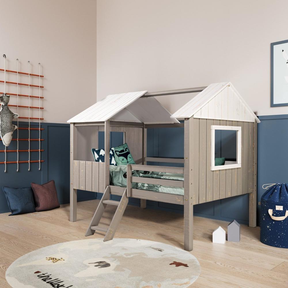 Miniatura Cama Infantil Cabana em Madeira Maciça Teddi Cinza Rústico/Branco Rústico