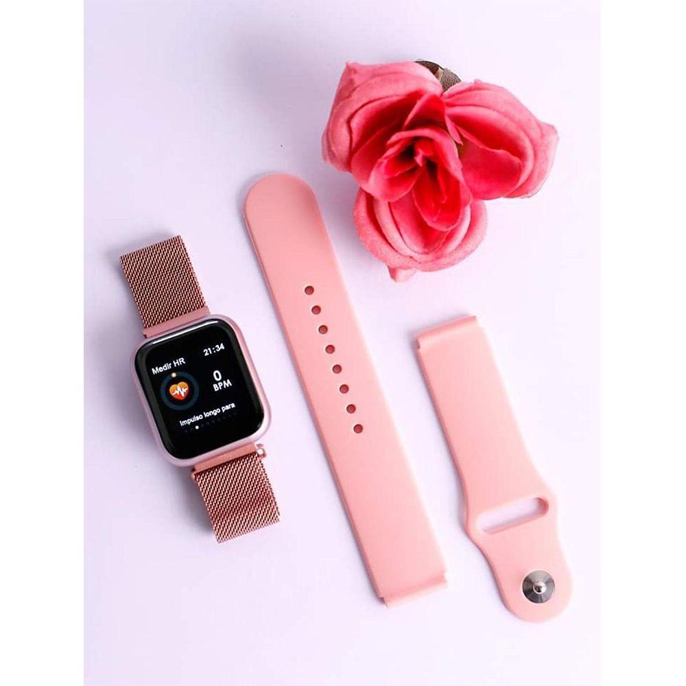 Miniatura Kit Relógio Smartwatch Rose + 2 Pulseiras + Fone Bluetooth
