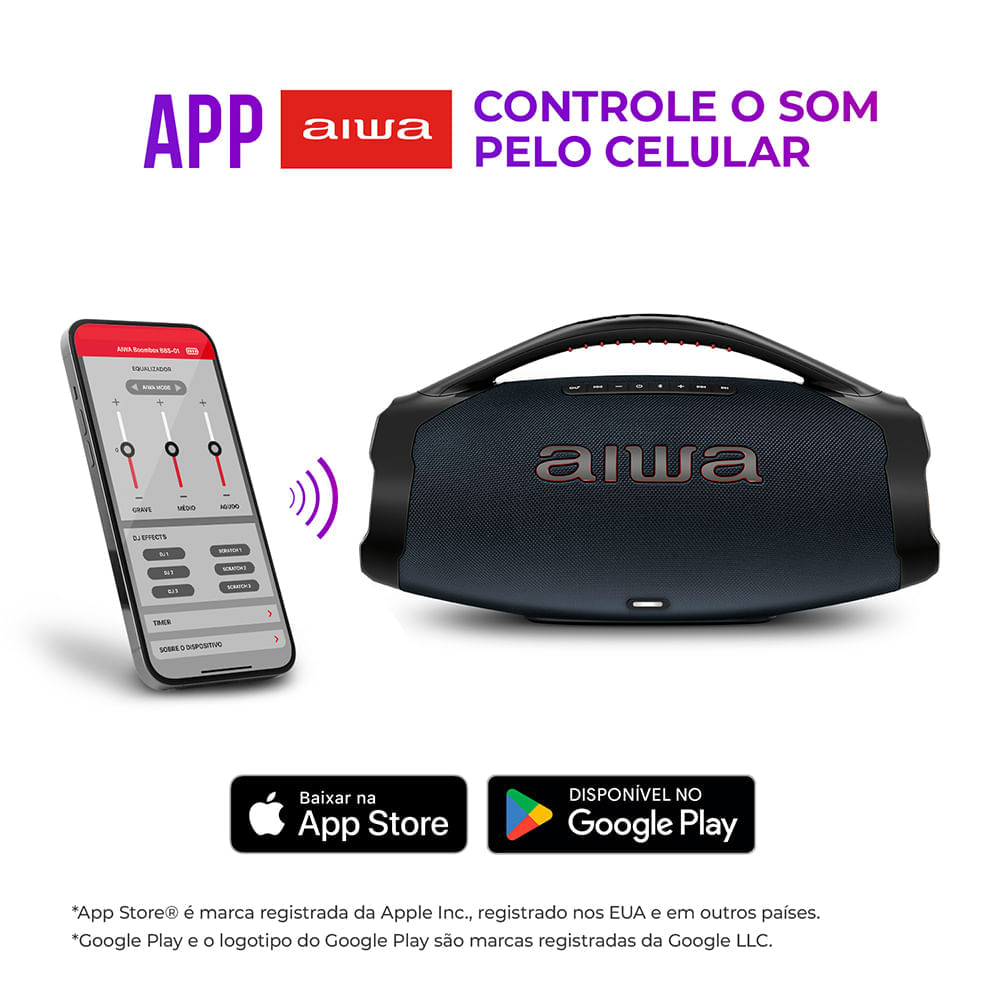 Caixa de Som Boombox Plus AIWA BBS-01-LBL 200W BT 30H IP66 USB RGB BOOMBOX C/ LUZES AWS-BBS-01-LBL BIVOLT