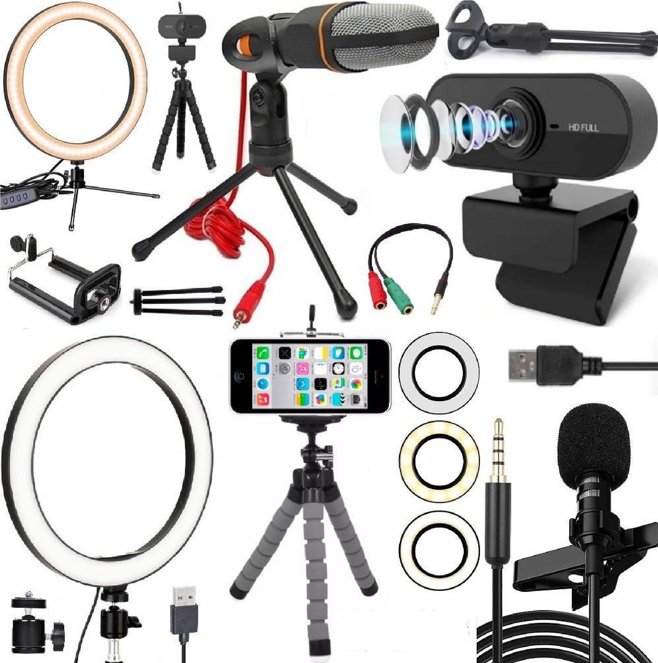 Miniatura Kit Webcam Iluminador Microfone Gravação Vídeo Aula Reunião