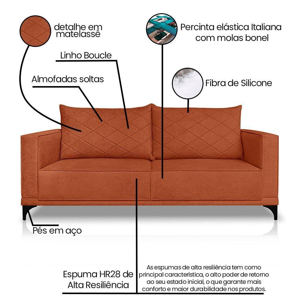 Sofá Living 2 Lugares Com Pés De Ferro Almofadas Soltas 180cm Neso Bouclê Terracota