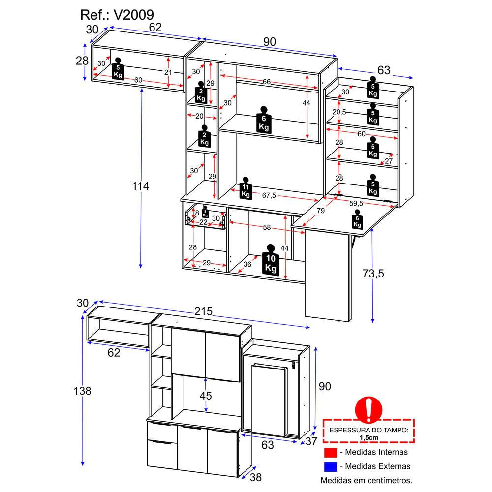 Armário de Cozinha Compacta com Mesa Dobrável Sofia Multimóveis V2009 Branco/Preto
