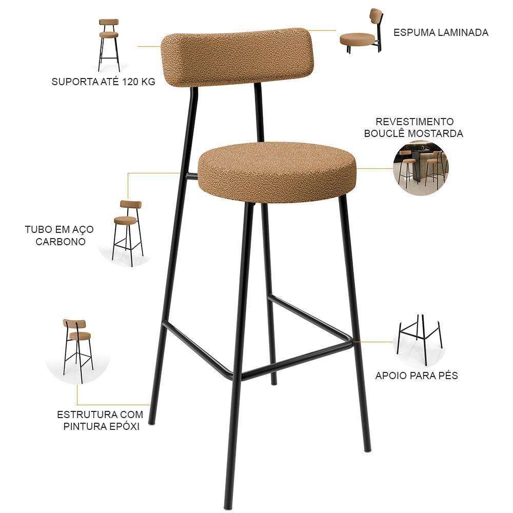 Miniatura Banqueta Alta Bar Cozinha Sala De Jantar Estrutura Em Aço Milão L02 Bouclê Mostarda