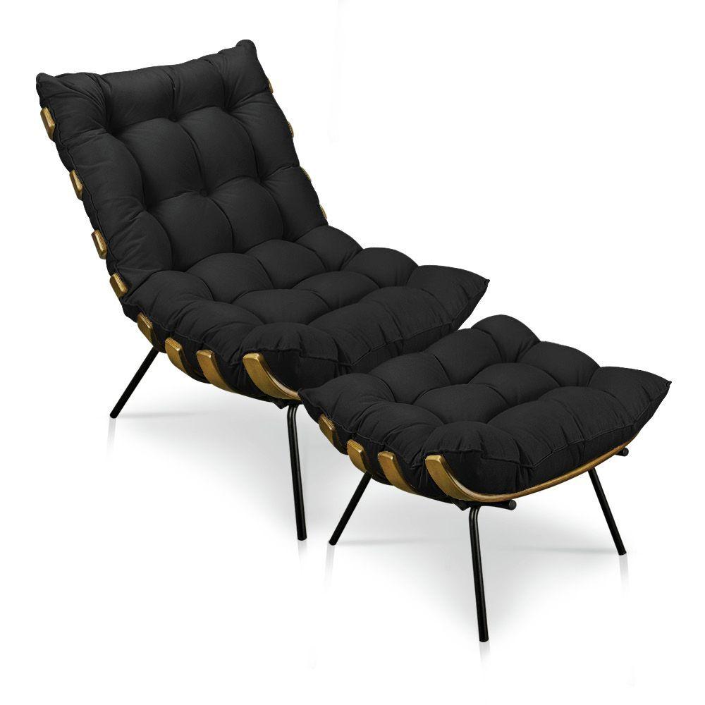 Miniatura Kit Poltrona Costela Com Puff Para Sala Suede Preto