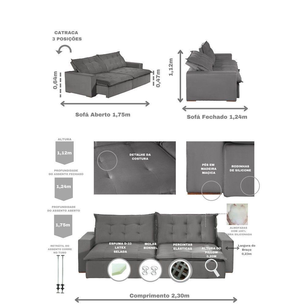 Miniatura Sofá 6 Lugares 2,90Mt Com Molas Retrátil E Reclinável Cinza