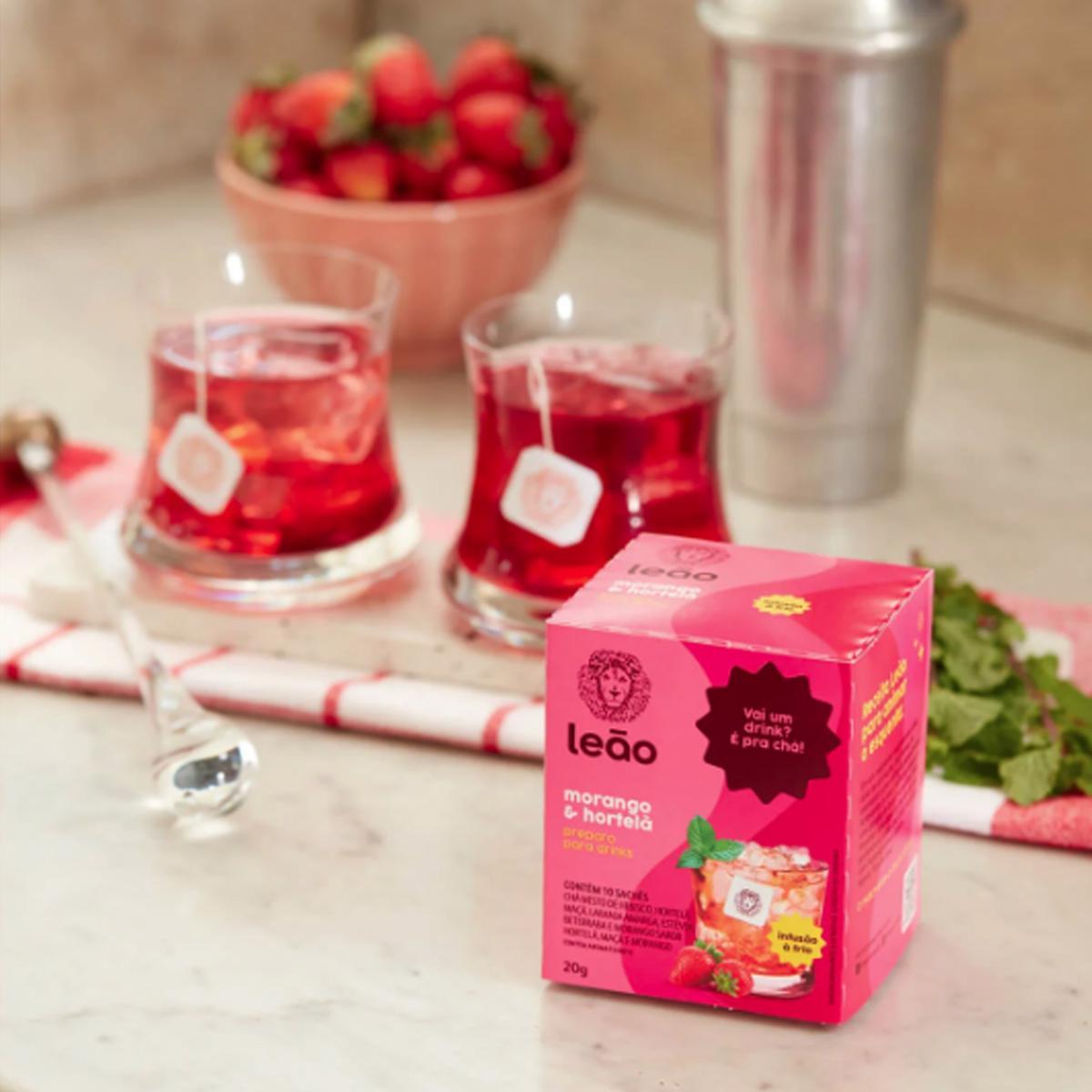 Chá Gelado Drink Leão Embalado Individual Morango Kit 5