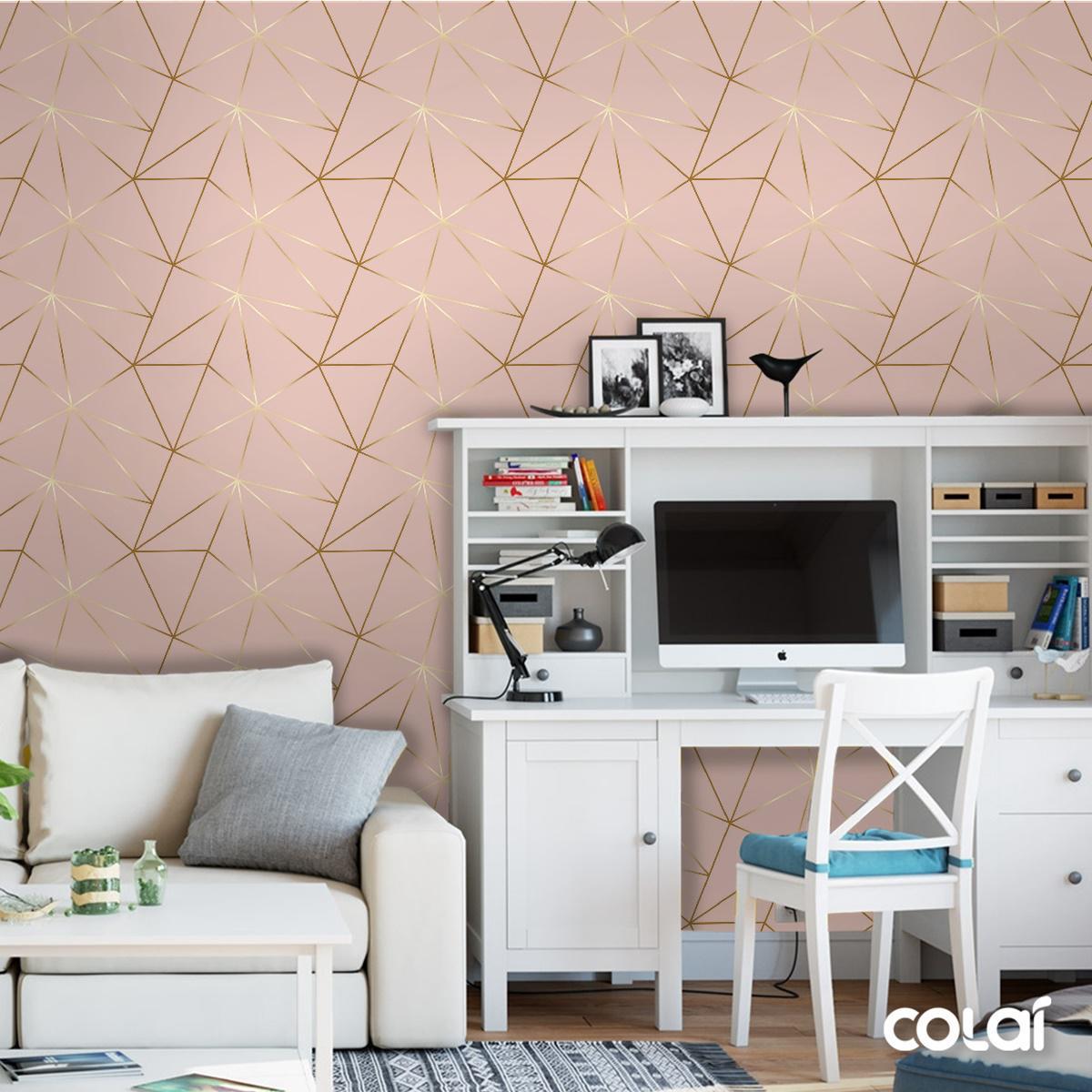 Miniatura Papel De Parede Zara Rosê Fio Gold Ouro Auto Colante 12M Papel de parede