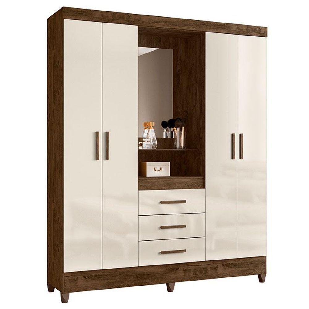 Miniatura Guarda Roupa Casal Capelinha Capri 4 Portas Castanho Wood Off White Com Espelho - Moval