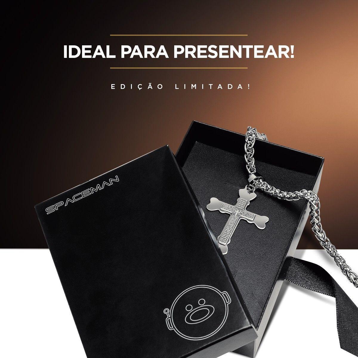 Miniatura Pingente Cruz Pai Nosso + Cordão Aço Inox Prata Presente