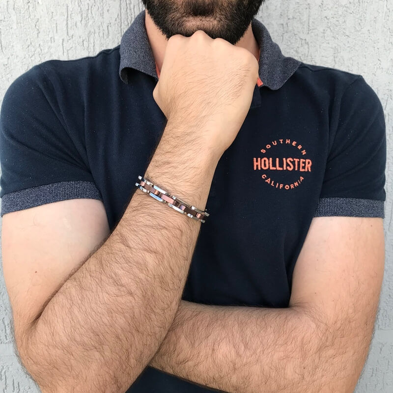 Miniatura Pulseira Masculina de Aço com Filetes Rosé